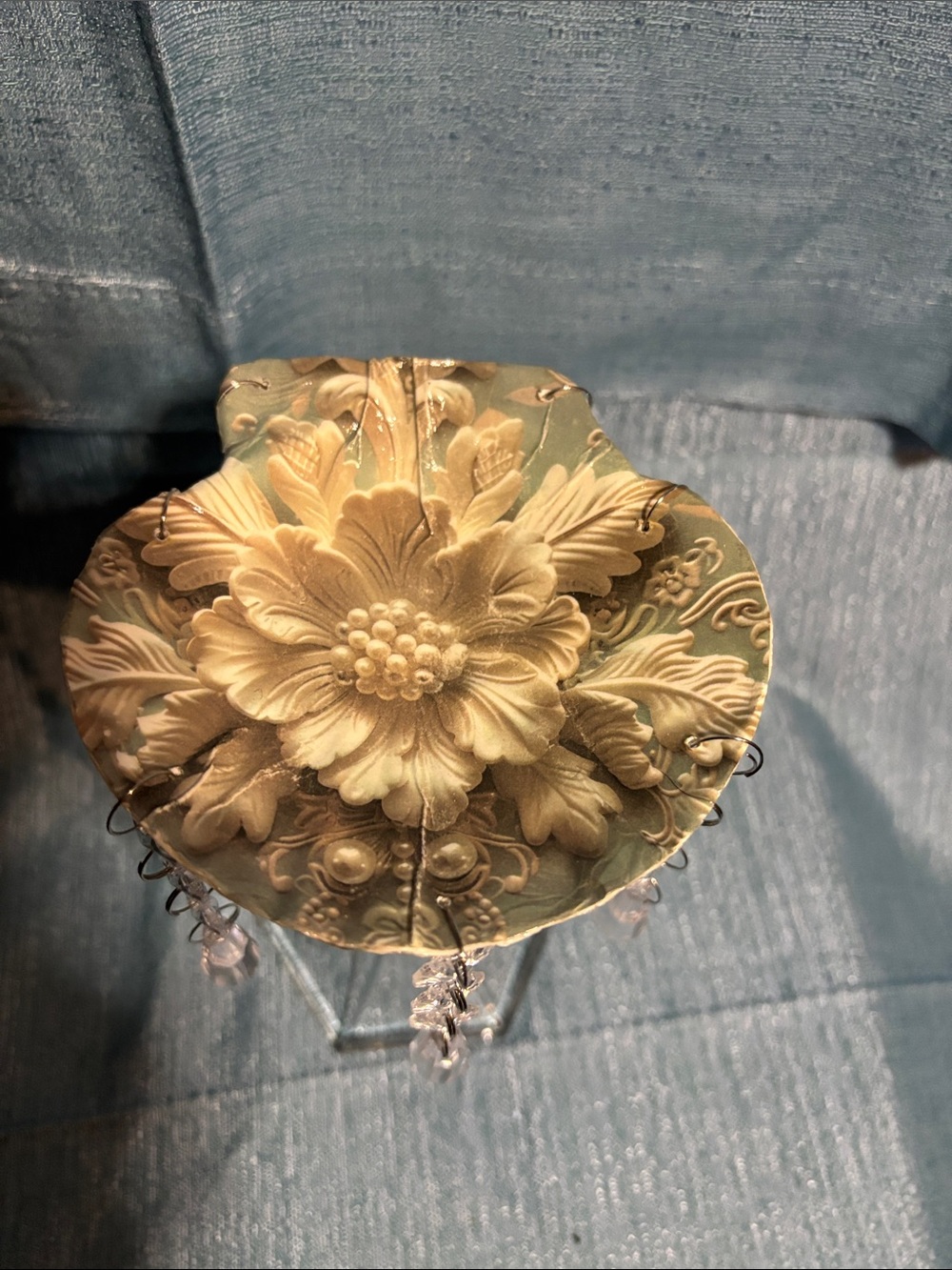 Ornate Floral shell decoupage Decorative Box in Cream and Pale Green